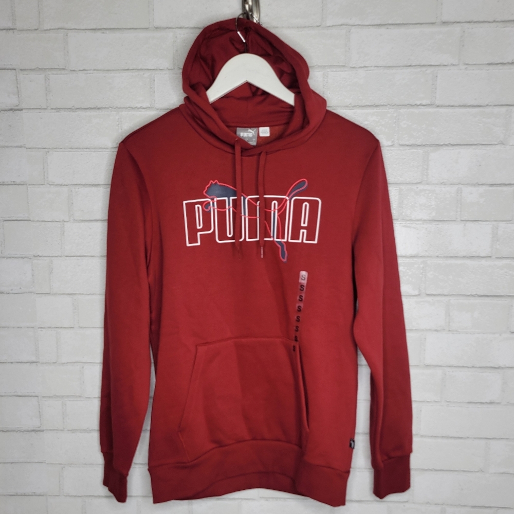 Puma Mens Red Logo Kangaroo Pouch Hooded Sweatshirt Hoodie